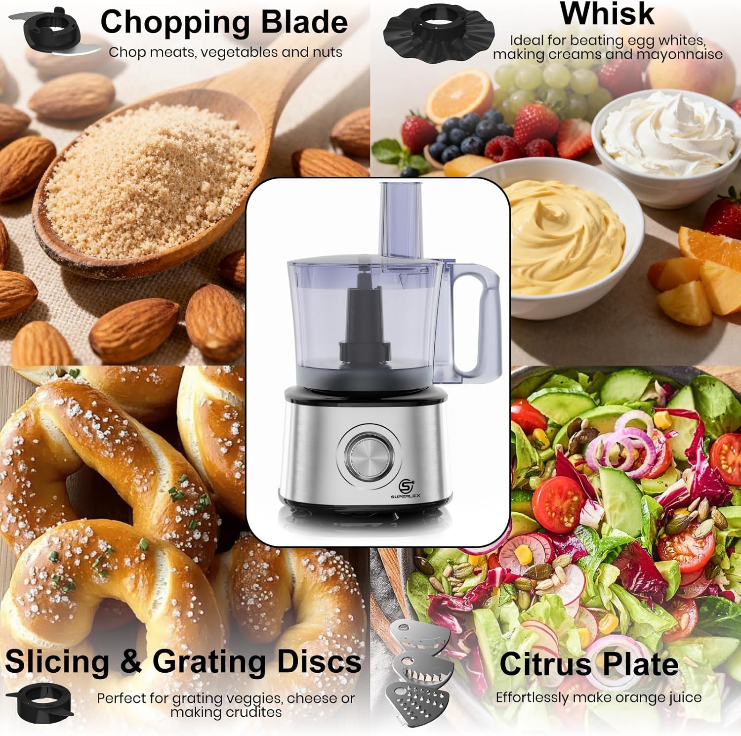 Food Processor Multifunctional and Blender with 2 Speeds Pulse Mixing Bowl Large Capacity for Slicing Shredding Kneading Juicing Dishwasher Safe Parts (7-IN-1 Food Processor)
