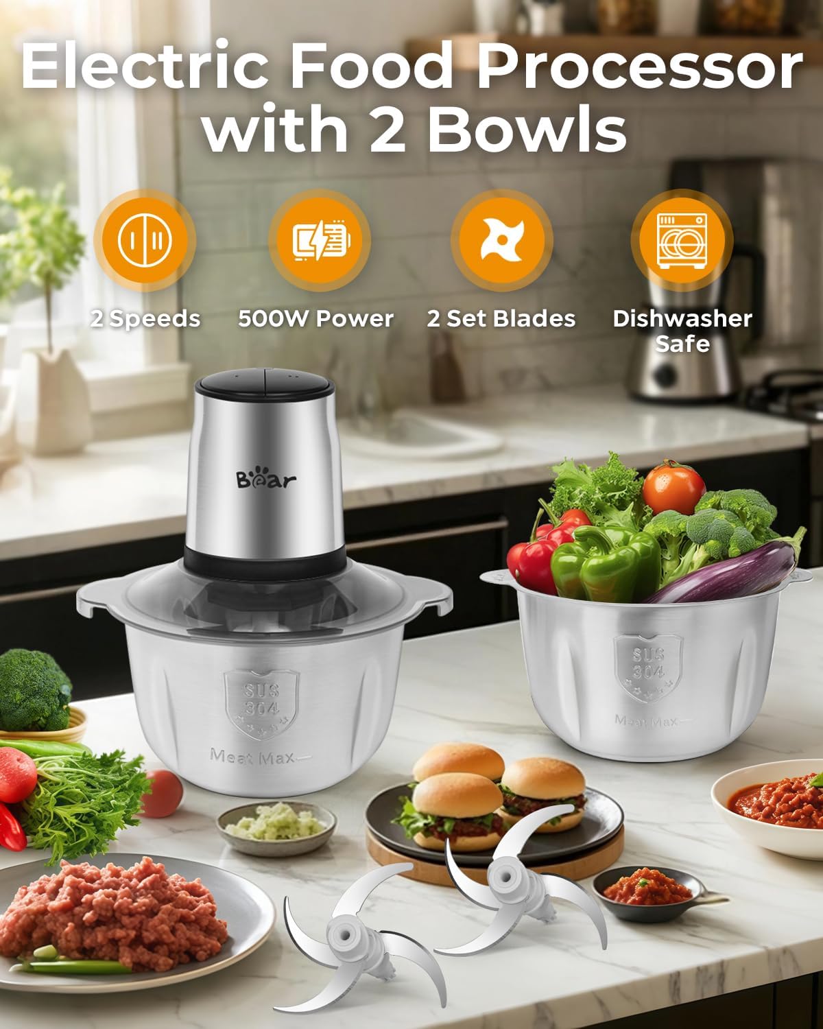 Bear Food Processor with 2 Bowls (1.8L+1.8L),500W Electric Food Chopper with 2 Sets of 304 Stainless Blades, 2 Speed Meat Grinder for Meat, Vegetables, Fruits and Nuts, BPA Free