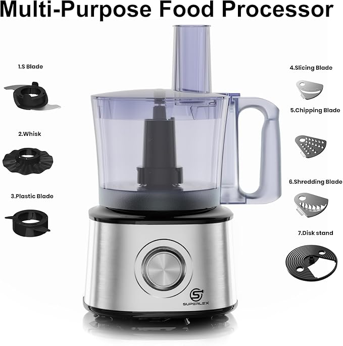 Food Processor Multifunctional and Blender with 2 Speeds Pulse Mixing Bowl Large Capacity for Slicing Shredding Kneading Juicing Dishwasher Safe Parts (7-IN-1 Food Processor)