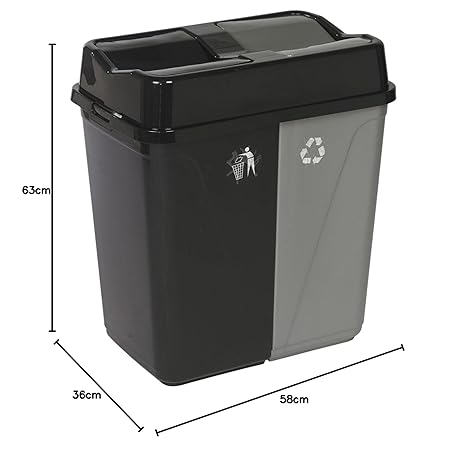 URBNLIVING 100L Duo Kitchen Bin Waste Garbage Can 2 Compartments With Bas Connectors (Black/Grey)