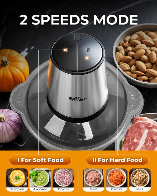 Bear Food Processor with 2 Bowls (1.8L+1.8L),500W Electric Food Chopper with 2 Sets of 304 Stainless Blades, 2 Speed Meat Grinder for Meat, Vegetables, Fruits and Nuts, BPA Free