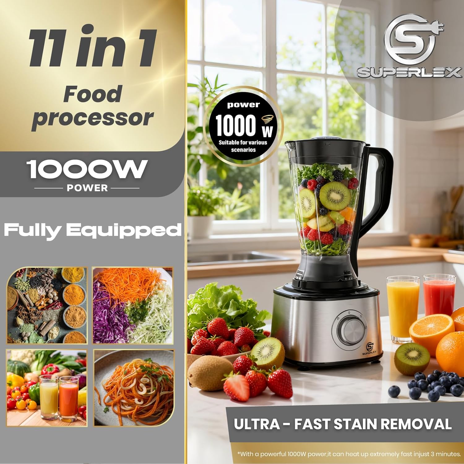 Food Processor Multifunctional and Blender with 2 Speeds Pulse Mixing Bowl Large Capacity for Slicing Shredding Kneading Juicing Dishwasher Safe Parts (7-IN-1 Food Processor)