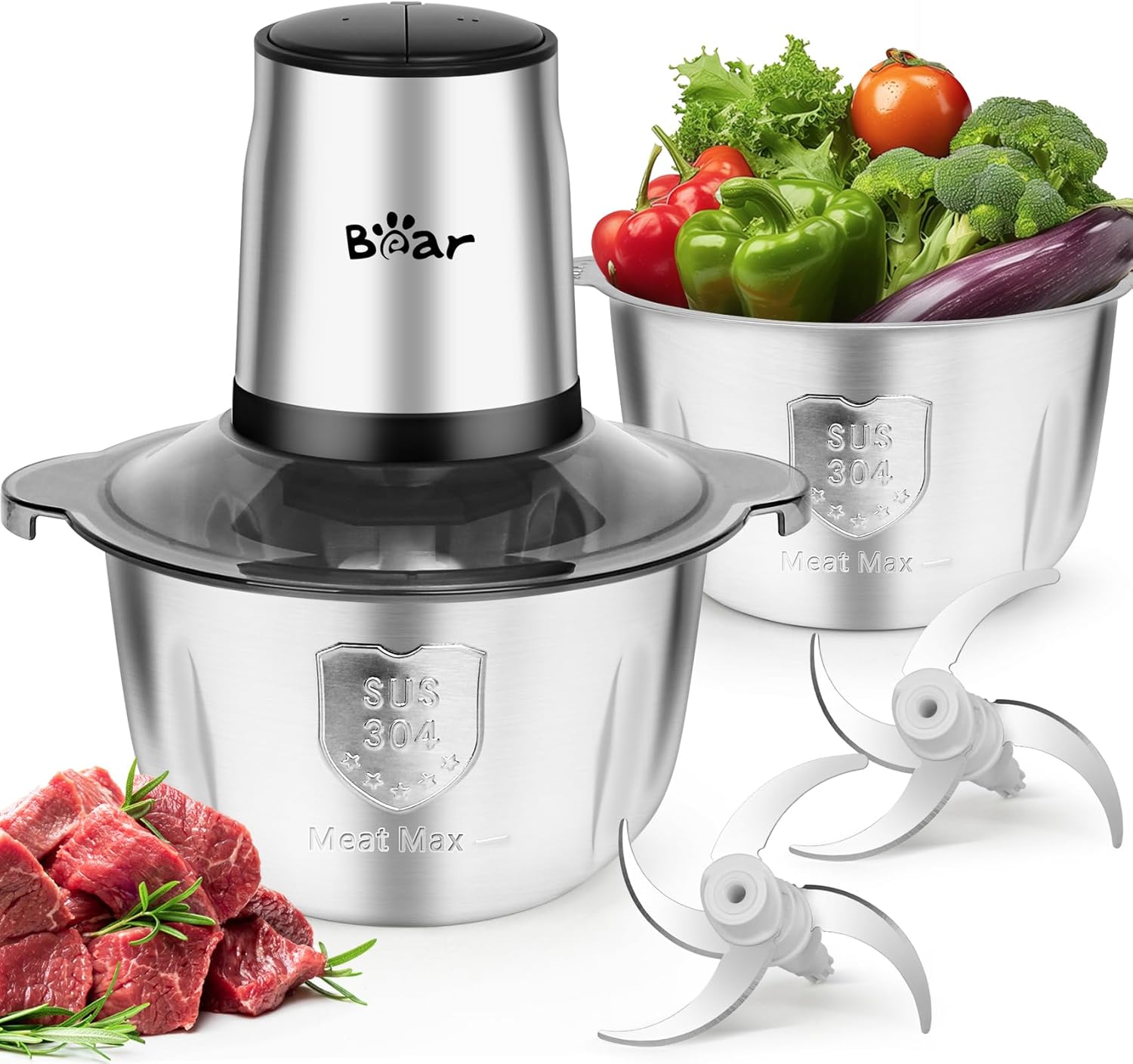 Bear Food Processor with 2 Bowls (1.8L+1.8L),500W Electric Food Chopper with 2 Sets of 304 Stainless Blades, 2 Speed Meat Grinder for Meat, Vegetables, Fruits and Nuts, BPA Free